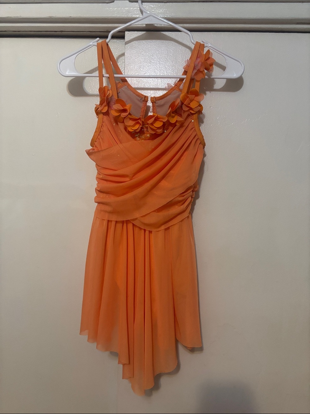 Weissman Orange Floral-Appliqué High-Low Chiffon Dress